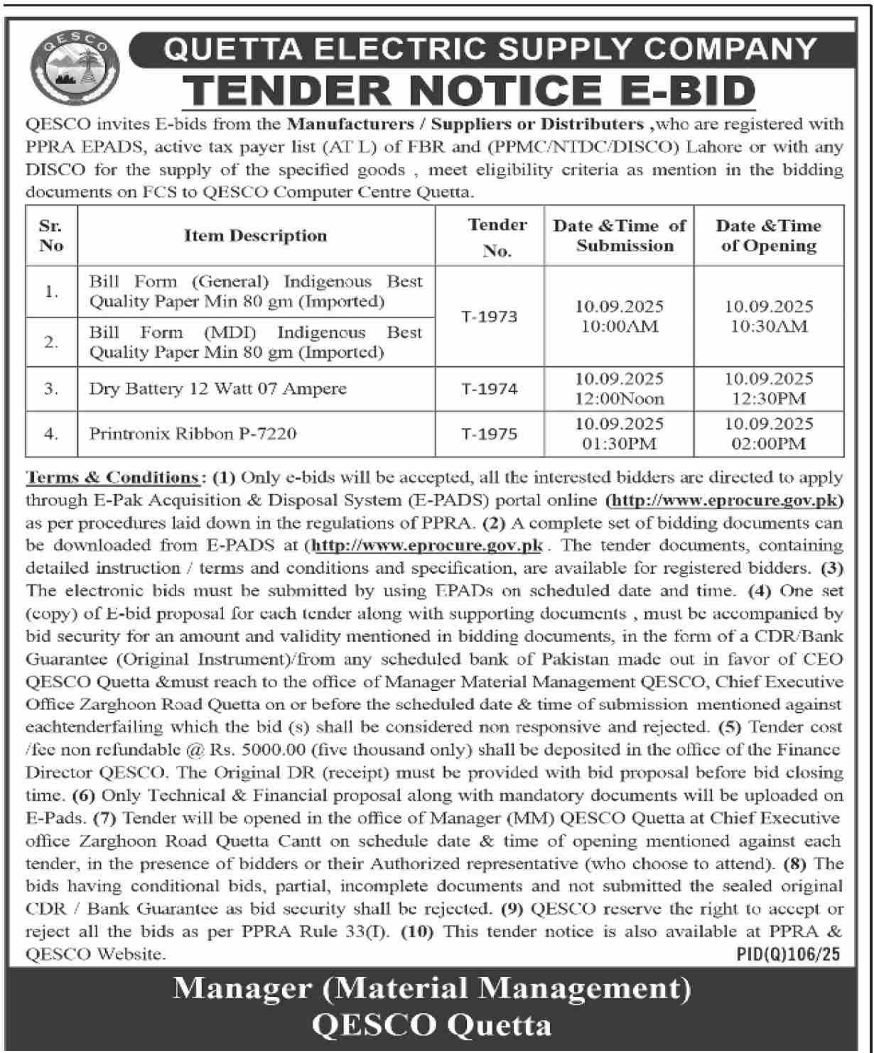 Quetta Electric Supply Company Tender Notice